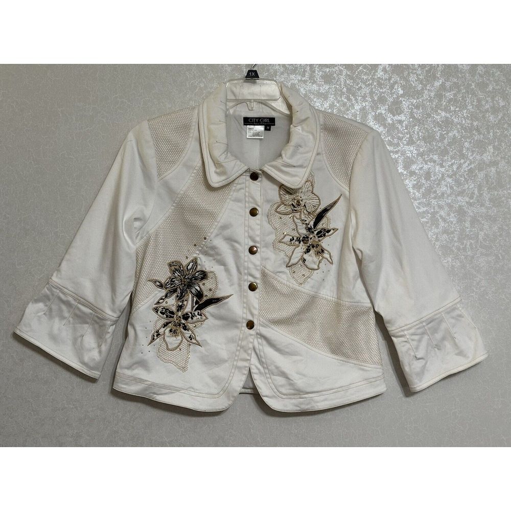City Girl Nancy Bolen VTG White Lined Jacket Embroidered Floral‎ Beaded Sequin M